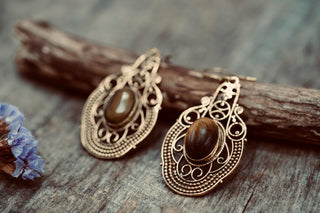 Large Brass Tiger's Eye Drop earrings, Statement Boho Earrings, Gift for Her