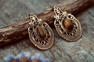Large Brass Tiger's Eye Drop earrings, Statement Boho Earrings, Gift for Her