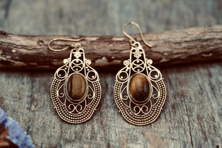 Large Brass Tiger's Eye Drop earrings, Statement Boho Earrings, Gift for Her