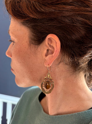 Large Brass Tiger's Eye Drop earrings, Statement Boho Earrings, Gift for Her