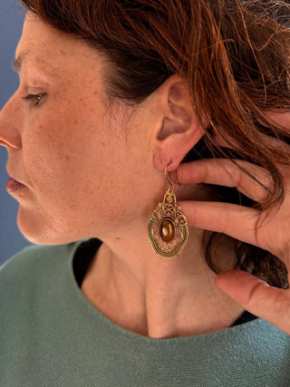 Large Brass Tiger's Eye Drop earrings, Statement Boho Earrings, Gift for Her