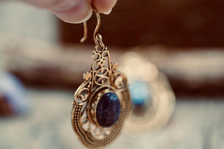 Large Brass Lapis Lazuli Drop earrings, Statement Boho Earrings, Gift for Her