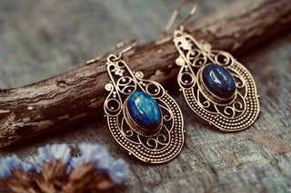 Large Brass Lapis Lazuli Drop earrings, Statement Boho Earrings, Gift for Her
