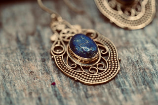 Large Brass Lapis Lazuli Drop earrings, Statement Boho Earrings, Gift for Her