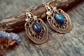 Large Brass Lapis Lazuli Drop earrings, Statement Boho Earrings, Gift for Her