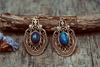 Large Brass Lapis Lazuli Drop earrings, Statement Boho Earrings, Gift for Her