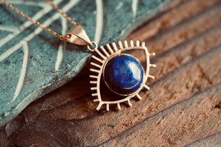 Chunky Lapis Lazuli Eye Brass Pendant, Stainless Steel Chain, Statement Necklace, Unique Gift