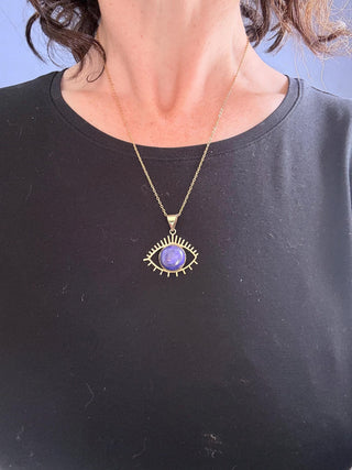Chunky Lapis Lazuli Eye Brass Pendant, Stainless Steel Chain, Statement Necklace, Unique Gift