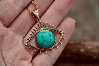 Chunky Turquoise Eye Brass Pendant, Stainless Steel Chain, Statement Necklace, Unique Gift