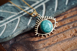Chunky Turquoise Eye Brass Pendant, Stainless Steel Chain, Statement Necklace, Unique Gift