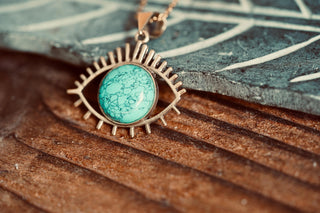 Chunky Turquoise Eye Brass Pendant, Stainless Steel Chain, Statement Necklace, Unique Gift