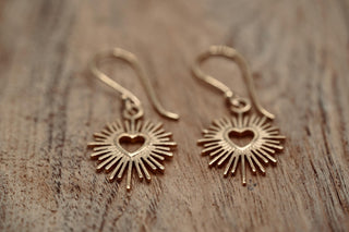 Brass Sacred Heart Earrings, Small Mexican Milagro Inspired Earrings, Sunburst Heart Dangles, Boho Gold Earrings