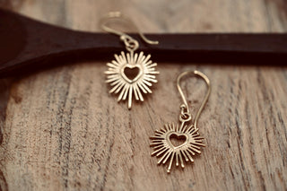 Brass Sacred Heart Earrings, Small Mexican Milagro Inspired Earrings, Sunburst Heart Dangles, Boho Gold Earrings