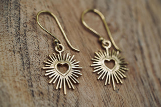 Brass Sacred Heart Earrings, Small Mexican Milagro Inspired Earrings, Sunburst Heart Dangles, Boho Gold Earrings