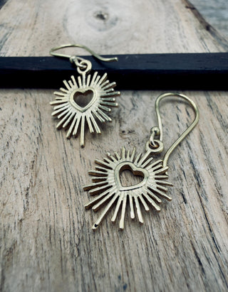 Brass Sacred Heart Earrings, Small Mexican Milagro Inspired Earrings, Sunburst Heart Dangles, Boho Gold Earrings