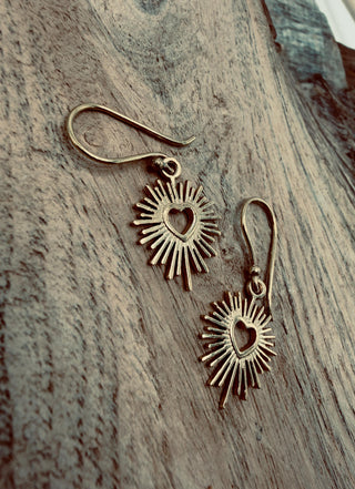 Brass Sacred Heart Earrings, Small Mexican Milagro Inspired Earrings, Sunburst Heart Dangles, Boho Gold Earrings