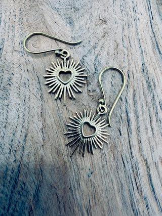 Brass Sacred Heart Earrings, Small Mexican Milagro Inspired Earrings, Sunburst Heart Dangles, Boho Gold Earrings