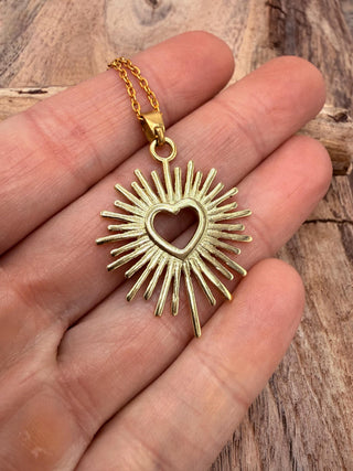 Sacred Heart Pendant Necklace, Mexican Milagro Inspired Necklace, Sunburst Heart Necklace, Boho Gold Necklace