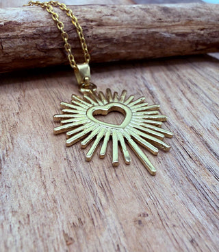 Sacred Heart Pendant Necklace, Mexican Milagro Inspired Necklace, Sunburst Heart Necklace, Boho Gold Necklace