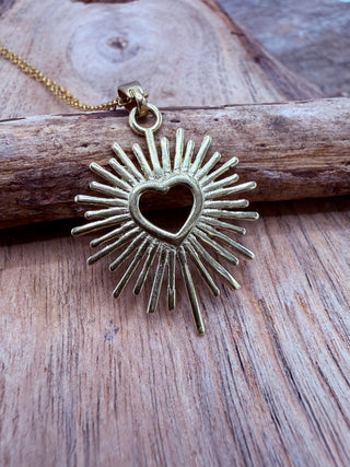 Sacred Heart Pendant Necklace, Mexican Milagro Inspired Necklace, Sunburst Heart Necklace, Boho Gold Necklace