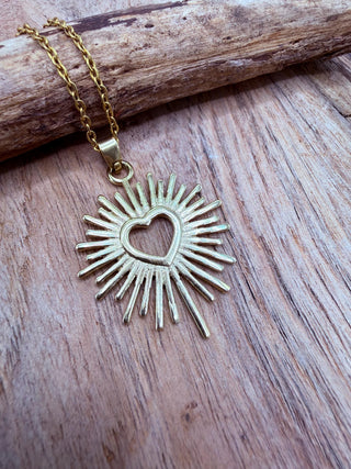Sacred Heart Pendant Necklace, Mexican Milagro Inspired Necklace, Sunburst Heart Necklace, Boho Gold Necklace