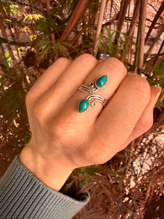 Silver Turquoise Adjustable Ring, Non Tarnish Spiral Shape Double Stone, One Size Boho Ring for Her