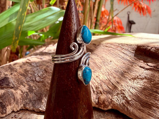 Silver Turquoise Adjustable Ring, Non Tarnish Spiral Shape Double Stone, One Size Boho Ring for Her