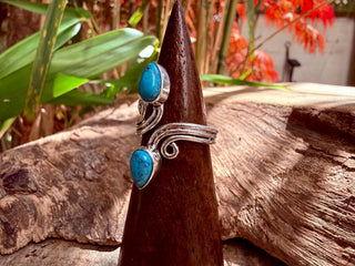 Silver Turquoise Adjustable Ring, Non Tarnish Spiral Shape Double Stone, One Size Boho Ring for Her