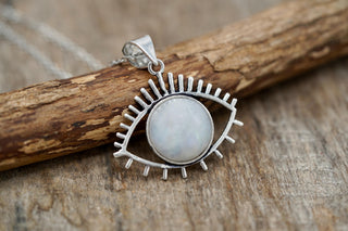 Moonstone Silver Evil Eye Necklace / Stainless Steel Chain / Stone / Ethnic / Hypoallergenic / Third Eye / Illuminati