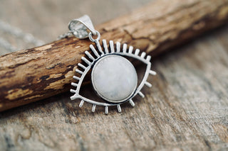 Moonstone Silver Evil Eye Necklace / Stainless Steel Chain / Stone / Ethnic / Hypoallergenic / Third Eye / Illuminati