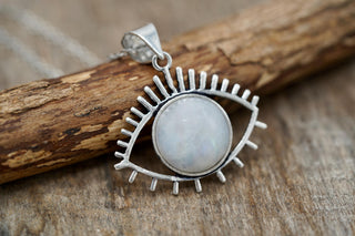 Moonstone Silver Evil Eye Necklace / Stainless Steel Chain / Stone / Ethnic / Hypoallergenic / Third Eye / Illuminati