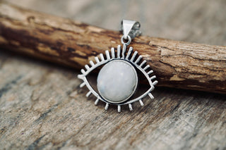 Moonstone Silver Evil Eye Necklace / Stainless Steel Chain / Stone / Ethnic / Hypoallergenic / Third Eye / Illuminati