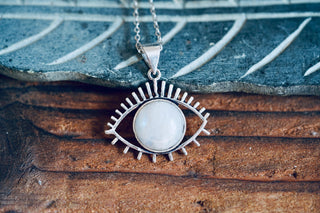 Moonstone Silver Evil Eye Necklace / Stainless Steel Chain / Stone / Ethnic / Hypoallergenic / Third Eye / Illuminati