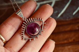 Silver Eye Amethyst Pendant Necklace, Stainless Steel Chain, Bohemian Jewellery for Women