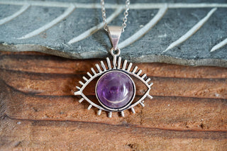 Silver Eye Amethyst Pendant Necklace, Stainless Steel Chain, Bohemian Jewellery for Women