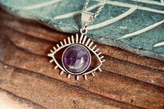 Silver Eye Amethyst Pendant Necklace, Stainless Steel Chain, Bohemian Jewellery for Women