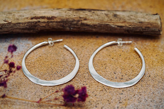 Hammered Flat Silver Hoop Earrings Butterfly Back, Irregular Silver Hoops, Ethnic Jewellery, Everyday Silver Earrings