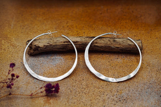 Hammered Flat Silver Hoop Earrings Butterfly Back, Irregular Silver Hoops, Ethnic Jewellery, Everyday Silver Earrings