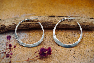 Hammered Flat Silver Hoop Earrings Butterfly Back, Irregular Silver Hoops, Ethnic Jewellery, Everyday Silver Earrings