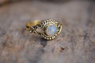 Moonstone Brass Ring, Boho Moonstone Ring, Natural Stone Ring, Vintage Gold Ring, Spiritual Gift for Her, Bohemian Jewellery