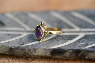 Amethyst Brass Ring, Boho Moonstone Ring, Natural Stone Ring, Vintage Gold Ring, Spiritual Gift for Her, Bohemian Jewellery