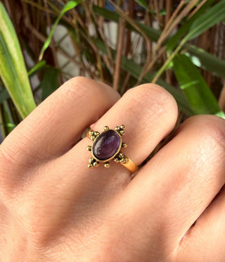Amethyst Brass Ring, Boho Moonstone Ring, Natural Stone Ring, Vintage Gold Ring, Spiritual Gift for Her, Bohemian Jewellery