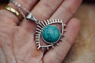 Silver Eye Turquoise Pendant Necklace, Stainless Steel Chain, Bohemian Jewellery for Women