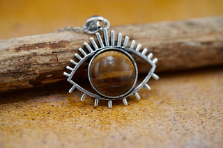 Protective Eye Pendant, Tiger Eye Stone, Stainless Steel Chain, Pendant 1 Micron Silver Plated on Brass