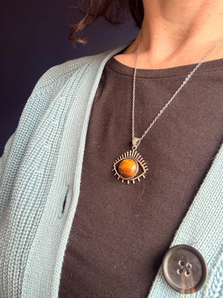Protective Eye Pendant, Tiger Eye Stone, Stainless Steel Chain, Pendant 1 Micron Silver Plated on Brass