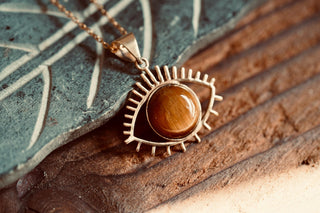 Chunky Tiger's Eye Brass Pendant Necklace, Stainless Steel Chain, Bohemian Jewellery for Women