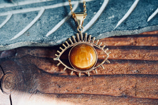 Chunky Tiger's Eye Brass Pendant Necklace, Stainless Steel Chain, Bohemian Jewellery for Women