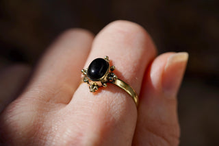 Black Onyx Brass Ring, Boho Moonstone Ring, Natural Stone Ring, Vintage Gold Ring, Spiritual Gift for Her, Bohemian Jewellery