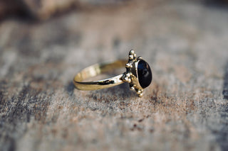 Black Onyx Brass Ring, Boho Moonstone Ring, Natural Stone Ring, Vintage Gold Ring, Spiritual Gift for Her, Bohemian Jewellery