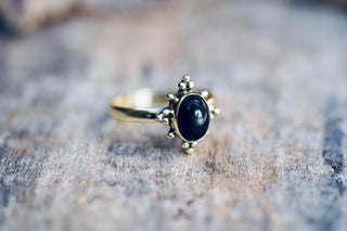 Black Onyx Brass Ring, Boho Moonstone Ring, Natural Stone Ring, Vintage Gold Ring, Spiritual Gift for Her, Bohemian Jewellery